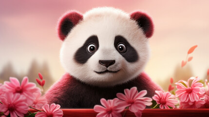 Cute panda baby with flower looking straight at the camera