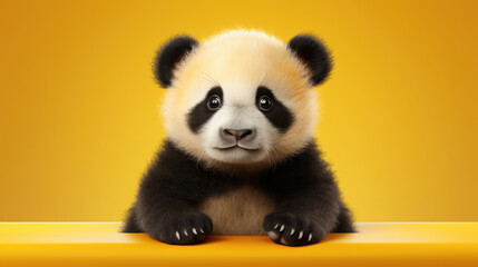 Cute panda baby looking straight at the camera in yellow background