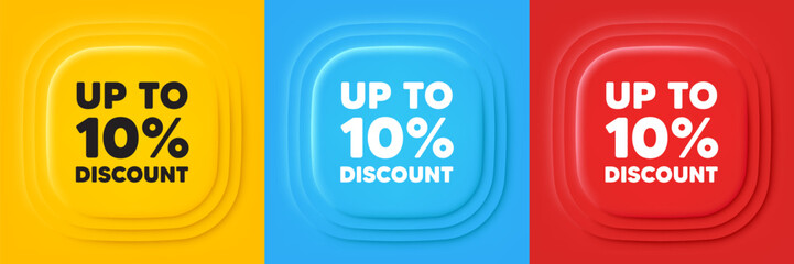 Up to 10 percent discount tag. Neumorphic offer banners. Sale offer price sign. Special offer symbol. Save 10 percentages. Discount tag podium background. Product infographics. Vector