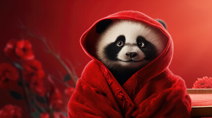 Cute panda baby with red clothing looking straight at the camera