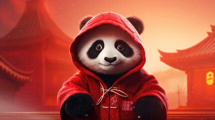 Cute panda baby with Chinese traditional red clothing looking straight at the camera