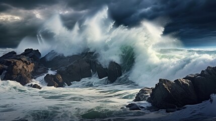 large storm waves crashing against the rocks, cloudy sky, banner, poster, - obrazy, fototapety, plakaty