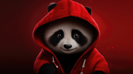 Cute panda baby with red clothing looking straight at the camera