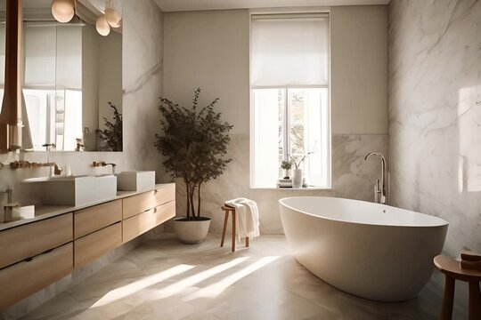 Contemporary bathroom design, high-end designer bathroom with freestanding tub, natural light and white marble