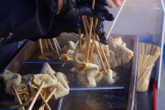 Korean fish cake. Odeng or or Eomuk at street food in Seoul, South Korea