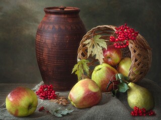 Still life with apples and rowan berries