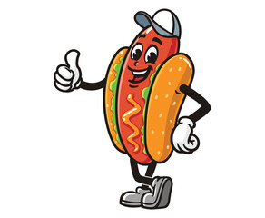 Hot dog wearing a hat and vegetable Cartoon mascot illustration character vector with thumbs up