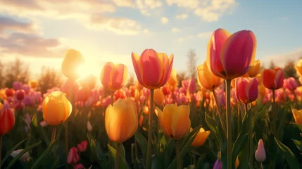 Muurstickers A field of vibrant tulips in full bloom, stretching as far as the eye can see, bathed in the golden light of a spring afternoon. © rojar deved
