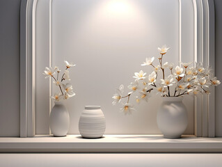 white vase with flowers next to the wall