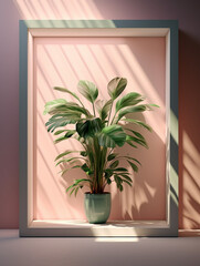 sunlit niche with large vase with plant