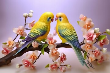 Two pretty lovebirds on a golden tree branch, only yellow, blue, pink, green, white, purple colors, realistic - obrazy, fototapety, plakaty