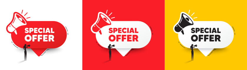 Special offer tag. Speech bubble with megaphone and woman silhouette. Sale sign. Advertising Discounts symbol. Special offer chat speech message. Woman with megaphone. Vector