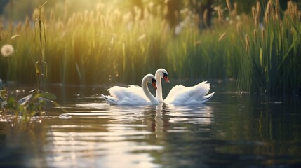 A pair of elegant swans gliding gracefully across a tranquil lake, framed by budding reeds and weeping willows.