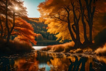 **autumn landscape with lake and trees generated ai-