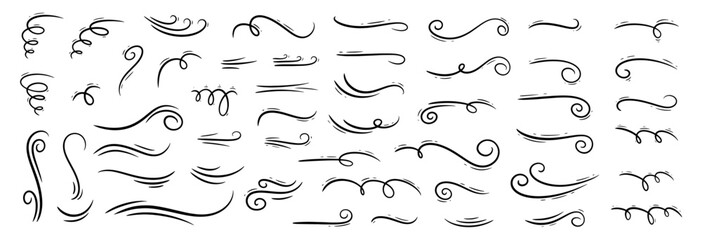 Big set of line winds. Air, wind, swirl in doodle illustration style. Vector illustration on white background - obrazy, fototapety, plakaty