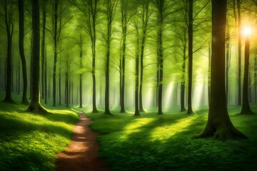 sunlight in the green forest spring time-