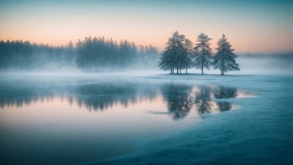 Winter morning near the lake against the background of a pine forest