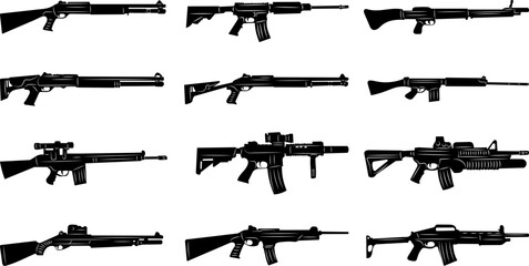 rifles, shotguns, machine guns set silhouette on a white background, vector - obrazy, fototapety, plakaty