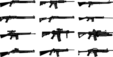 Fotobehang rifles, shotguns, machine guns set silhouette on a white background, vector © zolotons
