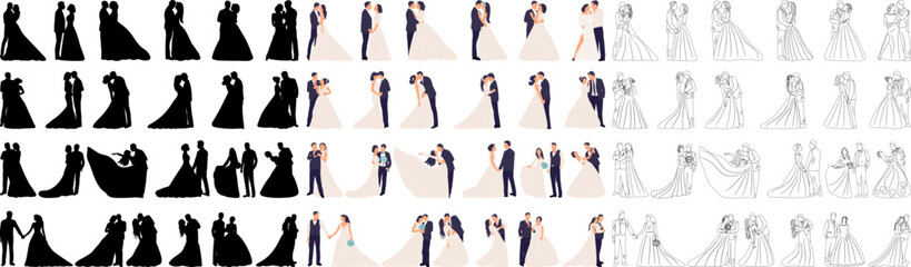 bride and groom set in flat style, vector