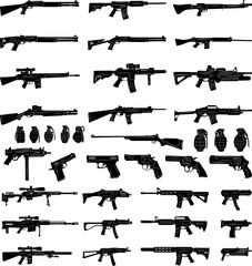weapon set silhouette on white background, vector - obrazy, fototapety, plakaty