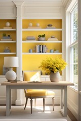Yellow home office with shelves and a desk, in the style of light gray and light gold, soft renderings, polished craftsmanship, bright and bold color palette