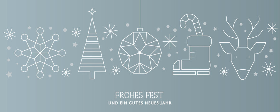 Weihnachtsgruss Frohes Fest - Stern, Weihnachtsbaum, Christbaumkugel Nikolausstiefel und Reh - deutscher Text auf silbernem Hintergrund