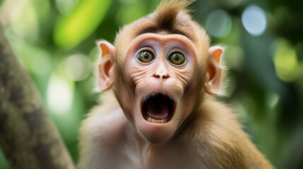 Surprised funny monkey with opened mouth. AI Generative.