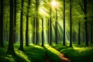 **sunlight in the green forest spring time-