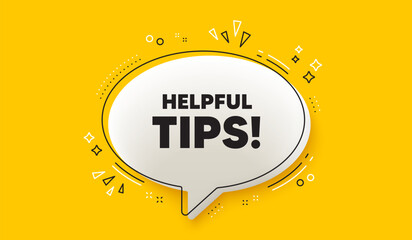 Helpful tips tag. 3d speech bubble yellow banner. Education faq sign. Help assistance symbol. Helpful tips chat speech bubble message. Talk box infographics. Vector
