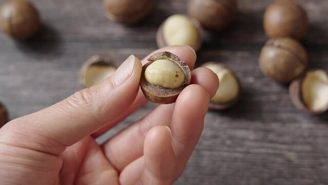 Peel the macadamia nuts by hand 
 on wooden background.