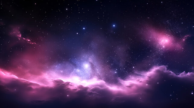A beautiful image of the Milky Way. A mystical view of a starry night sky with a pink nebula.