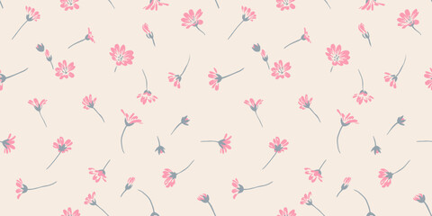 Seamless, artistic, simple, gently daisy floral pattern. Vector hand drawn tiny branches buds flowers on a beige background. Design ornament for fabric, interior decor, textile, fashion, wallpaper