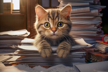 Close up of a cute cat hard working around a lot of documents in the modern office, the Animal concept of business and laziness.
