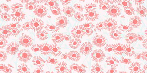 Simple, orange, tiny daisy flowers seamless pattern on a light background. Vector hand drawn sketch. Delicate ditsy floral print. Design ornament for fabric, fashion, textile, wallpaper, children.