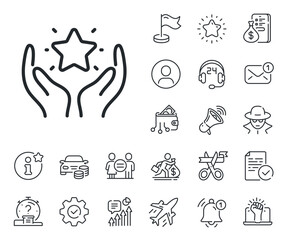 Holding star sign. Salaryman, gender equality and alert bell outline icons. Ranking line icon. Best rank symbol. Ranking line sign. Spy or profile placeholder icon. Online support, strike. Vector