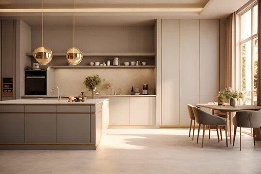Modern and contemporary kitchen design with LED and sleek design. White and beige design, natural finishings