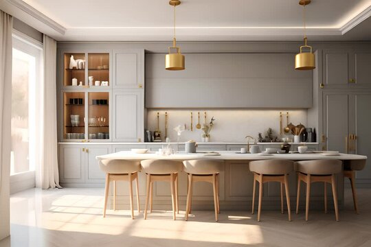 Modern and contemporary kitchen design with LED and sleek design. White and beige design, natural finishings