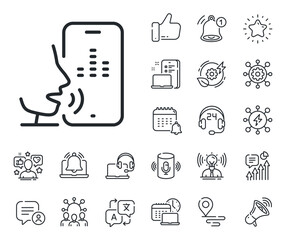 Record phone voice sign. Place location, technology and smart speaker outline icons. Voicemail line icon. Cellphone mic symbol. Voicemail line sign. Influencer, brand ambassador icon. Vector