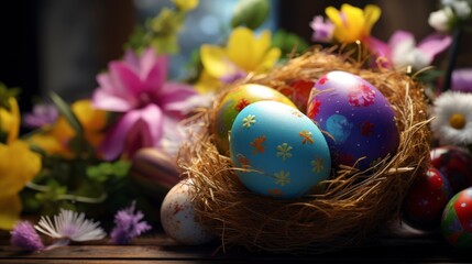 Fototapeta na wymiar Easter eggs background, blue with flowers