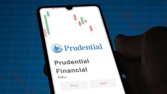 November 27st 2023 Newark, New Jersey. The logo of Prudential Financial on the screen of an exchange. Prudential Financial price stocks, $PRU on a device.