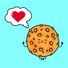 Oatmeal cookies doing yoga with speech bubble. Vector hand drawn cartoon kawaii character illustration icon. Isolated on blue background. Oatmeal cookies in love character concept