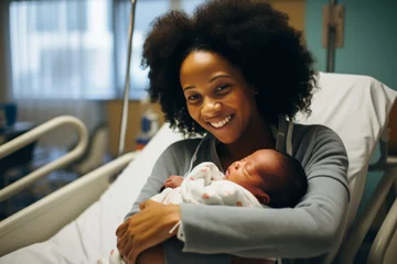 Fotobehang Beautiful young mother holding her newborn in maternity ward after delivery. New mom welcoming her first child into the world. Woman after labor in hospital bed. © MNStudio