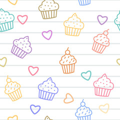 Seamless pattern with colorful doodle of cupcakes and hearts on lined background. Fun and cheerful hand drawn pattern for wallpaper, background, textile, wrapping paper. etc 