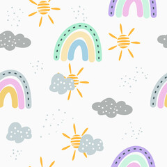 Seamless pattern with rainbow, cloud, sun, and rain in cute style. Childish pattern for background, wallpaper, textile, wrapping paper, etc