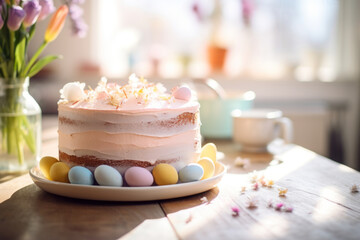 Beautifully decorated Easter cake with white frosting and pastel colored sugar eggs. Easter...