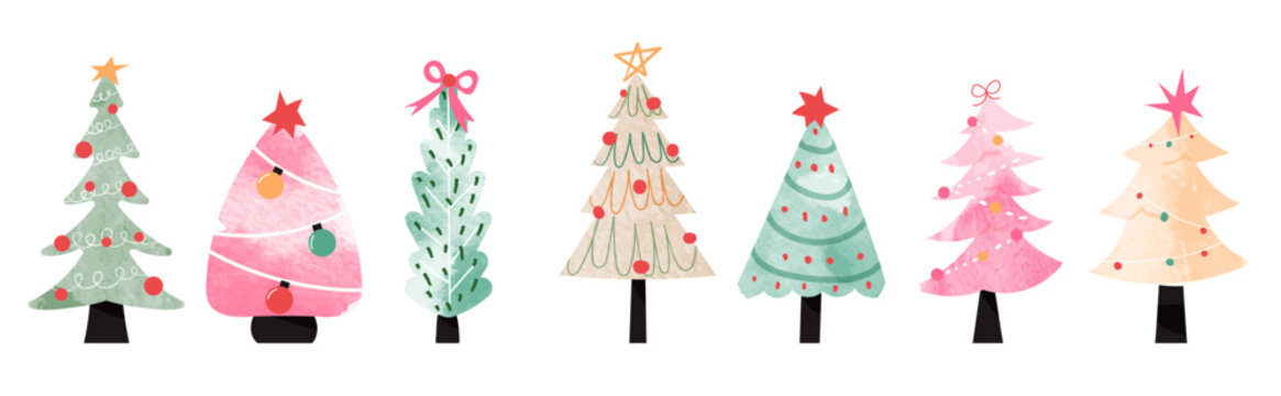 Set of watercolor decorative christmas tree vector illustration. Elements of ornamental balls, decorative light, star, ribbon. Design for card, comic, print, poster, banner, decoration.
