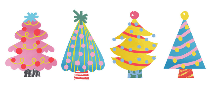 Set of watercolor decorative christmas tree vector illustration. Elements of ornamental balls, decorative light, star. Design for card, comic, print, poster, banner, decoration.