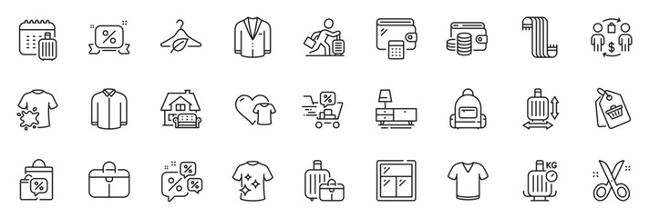 Icons pack as Window, Wallet money and Scarf line icons for app include Baggage scales, Scissors, Sale tag outline thin icon web set. Clothing, Wallet, Discounts chat pictogram. Vector