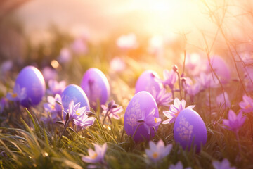 Beautiful pastel purple eggs and flowers in spring grass meadow over blue sky with sun.